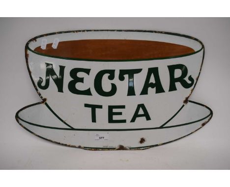 Vintage Nectar Tea enamel advertising sign in the form of a tea cup and saucer, 53cm wide