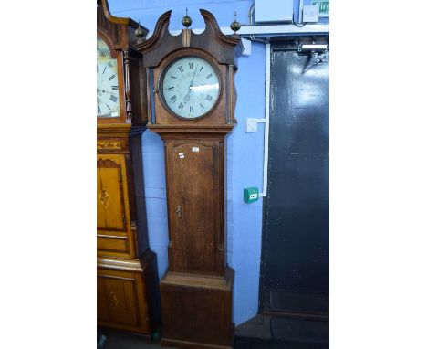 Samuel Hill of Sheffield, Georgian oak and mahogany cased longcase clock with broken arch pediment with ball finials over a c