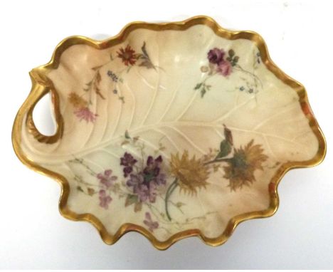 Royal Worcester leaf shaped dish with blush ware ground decorated with flowers, together with blush ware pot, small vase with