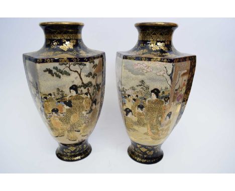 Late Meiji period in Kinkozan style the facetted shape decorated wih panels of geisha type figures in a landscape with Mount 