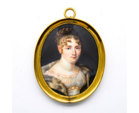 DANIEL SAINT (FRENCH, 1778-1847)Portrait miniature of a lady in a white dress and fur lined coaton ivory (ref. RL8T1RNQ)7cm h