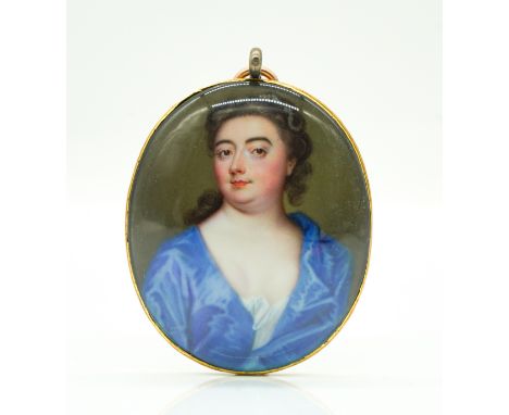 CHRISTIAN FRIEDRICH ZINCKE (GERMAN, 1683-1767)Portrait miniature of a lady in a blue dressenamel on copper4.5cm highin a gilt