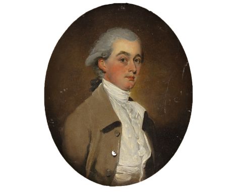 CIRCLE OF JOHN DOWNMANPortrait of a gentleman, head and shoulders, wearing a grey coat
oil on copper
oval, 17 x 14cmCondition