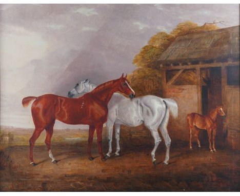 R. W. FOLKARD (BRITISH, 19TH CENTURY)A grey and chestnut horse with a foal 
signed and dated 'R. W. Folkard Pinx 1834' (lower