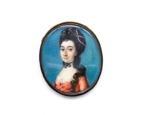 WILLIAM SINGLETON (BRITISH, D. 1793)Portrait miniature of a lady in a red dresson ivory (ref. F9GAGAFF)4.2cm highin a gilt me