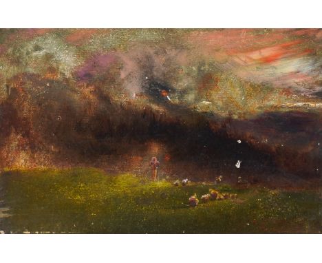 JOHN SAMUEL RAVEN (BRITISH, 1829-1877)Sheep in a storm
indistinctly signed (lower right), inscribed 'Sheep in a Storm/ this p
