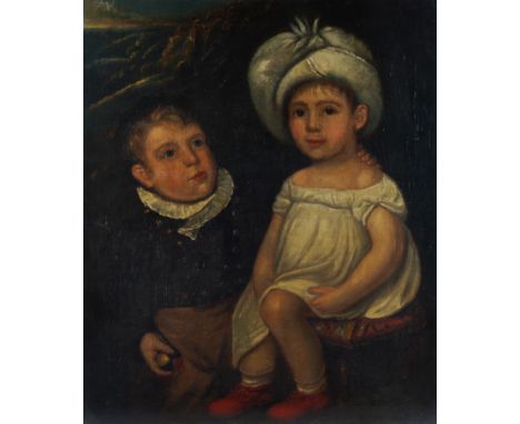 ENGLISH SCHOOL, 18TH CENTURYPortrait of two brothers, one holding a ball, the other sat on a  stool
oil on canvas
77 x 63.5cm