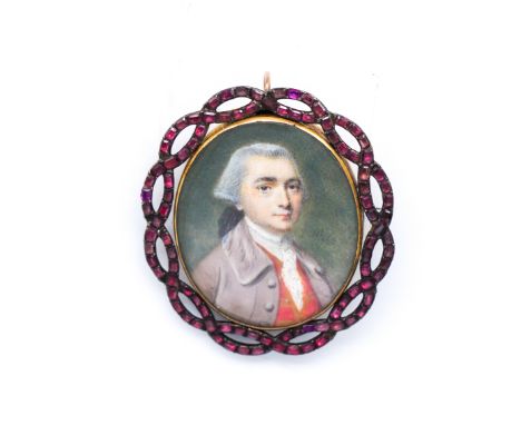 NATHANIEL HONE (IRISH, 1718-1784)Portrait miniature of a gentleman, in a mauve coat and red waistcoatsigned with initials and