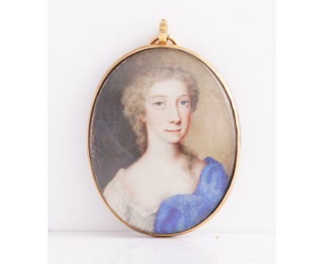 ROBERT FFRENCH (BRITISH, 18TH CENTURY)Portrait miniature of Nichola Ffrench, nee Ackson, in a white dress and a blue stolesig