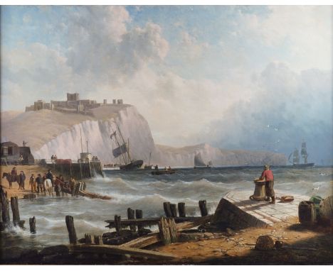 MANNER OF EDWARD WILLIAM COOKEMen on the shore below Dover Castle, with ships off the coastoil on canvas71 x 91cmCondition re