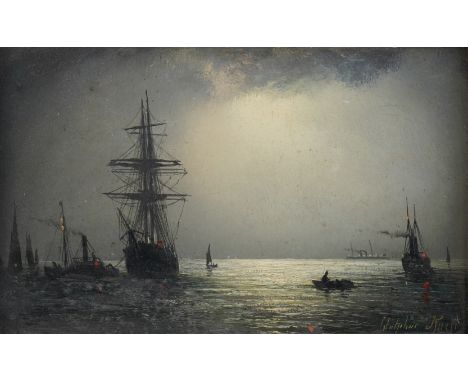 WILLIAM ADOLPHUS KNELL (BRITISH, 1801-1875)Ships at nightsigned 'Adolphus Knell' (lower right)oil on board19 x 30cmCondition 