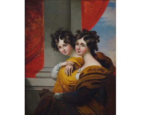CIRCLE OF REVEREND MATTHEW WILLIAM PETERS (3)Two sisters, seated, half length, before a column with red drapes behind, wearin