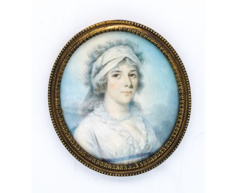 JOHN COMERFORD (IRISH, 1770-1832)Portrait miniature of a lady in a white dress wearing a headscarfon ivory (ref. 2FGH3ZBK)6cm