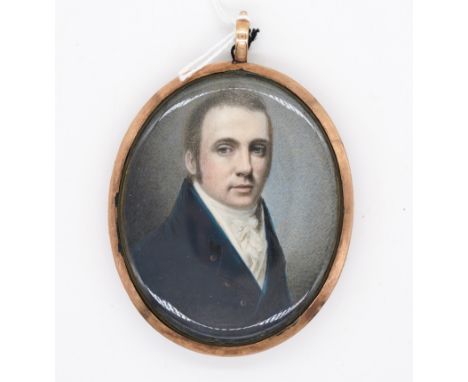 GEORGE PATTEN (BRITISH, 1801-1865)Portrait miniature of a gentleman in a blue coaton ivory (ref. BZBJ5MDS)7cm highin a gilt m