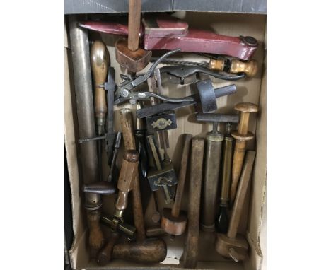 3 boxes of good antique woodworking tools including mallets, saws, grips etc.