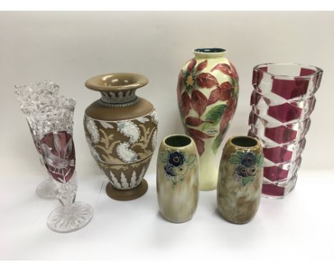 A Doulton vase plus two smaller examples and ceramic and glass vases (7).