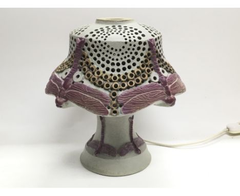 A fine Bernard Rooke pottery lamp decorated with dragonflies and with pierce work detail to shade