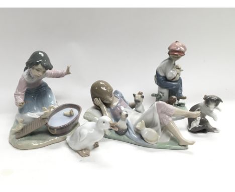 A collection of four Lladro figures including Interrupted Nap, It’s Your Turn, My Best Friend, and one Nao figure of a duck