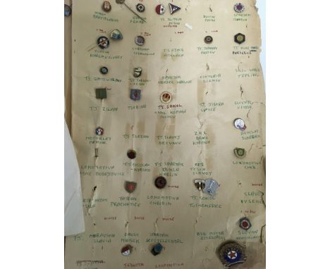 A large collection of enamel football badges and stick pins and some pennants. Including badges from the 1950s and many small