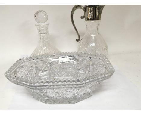 A Quality cut glass dish of rectangular shape a silver mounted claret jug and a ships type cut glass decanter (3)