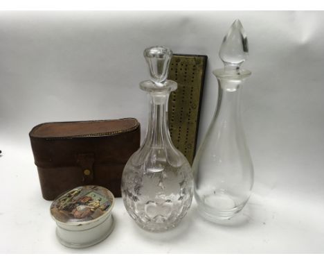 Mixed lot - early oak and brass cribbage board stamped J.Cull, 2 decanters, Leather cased Tantalus, cream pot and lid.