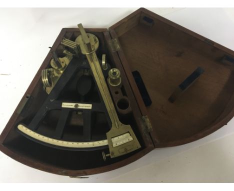 A Quality late 19th century sextant with brass fittings inset ivory scale in a fitted box maker T L Ainsley South Shields.