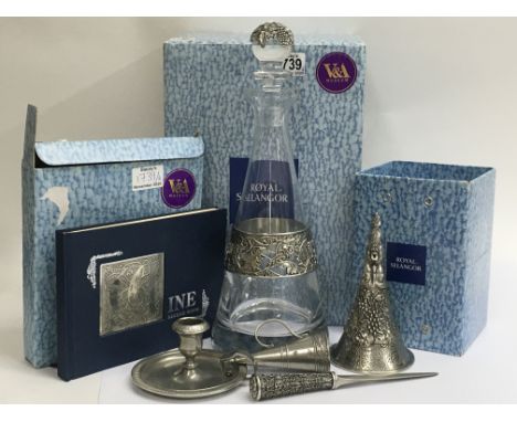 Six boxed V&amp;A Royal Selangor Pewter Items including decanter and stopper, candle snuffers, candle holder and Wine record 