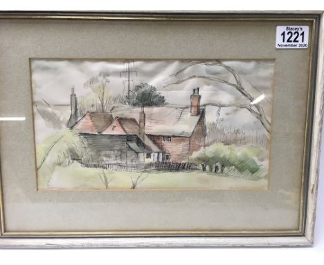 Attr. Jane Best-Shaw, ink sketch and watercolour of a cottage. Unsigned. 40 x29cm