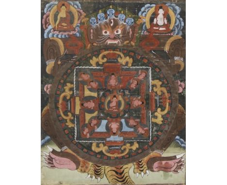 A Tibetan thangka, painted with a Buddhist demonic deity and other figures and motifs, 63cm x 47cm