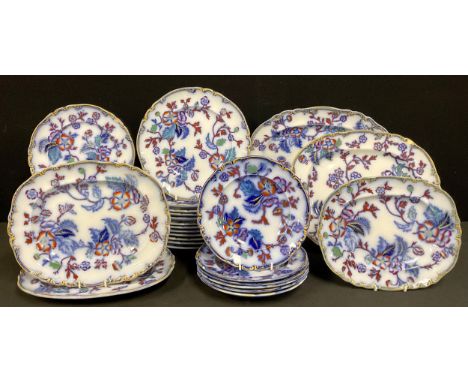 A Victorian Rhoda Plant pattern flow blue dinner set, inc five graduated oval meat plates,, dinner plates, soup bowls, etc