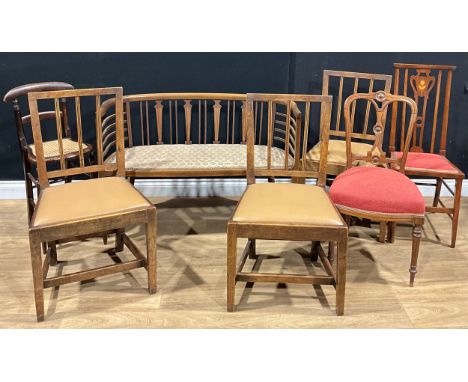 An Edwardian sofa, 74cm high, 108cm wide; a set of three 19th century vernacular side chairs; a Victorian Aesthetic Movement 