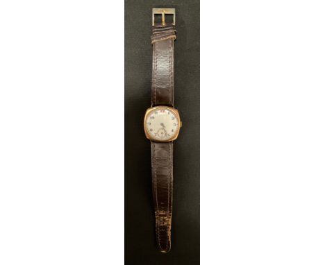 A 9ct gold cushion cased wristwatch, white dial, Arabic numerals, subsidiary seconds, Swiss 15 jewel manual wind movement, 30