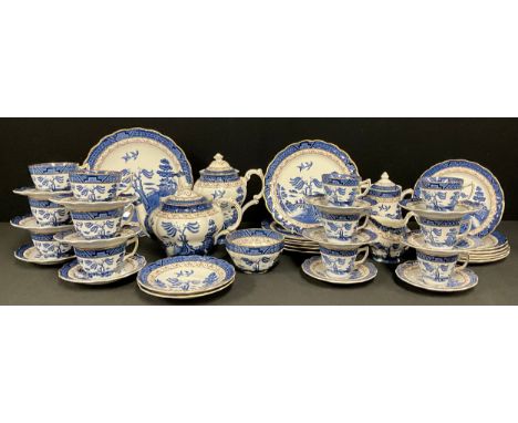 A Booths Real Old Willow pattern tea and coffee set, for six inc tea and coffee pots, cream jug, milk jug, coffee cups and sa