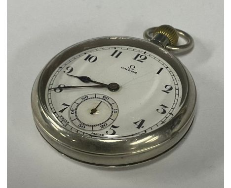 Omega - 1930s Chrome cased pocket watch, white dial, bold Arabic numerals, subsidiary seconds, brass crown, 15 jewel stem win