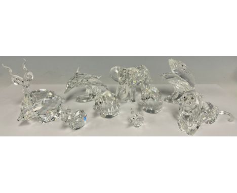 A graduated set of five crystal Swarovski elephants; other animals including Reindeer, Dolphins, Lion, etc (qty)