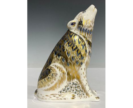 A Royal Crown Derby paperweight, Wolf, 13cm high, printed marks in red, gold stopper