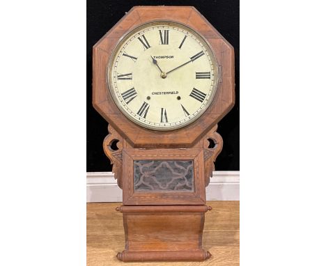 A late Victorian drop dial wall clock, 29.5cm dial inscribed THOMPSON CHESTERFIELD, Roman numerals, twin winding holes, 74.5c