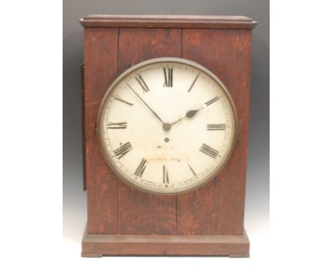 An early 20th century oak officer’s mess type wall or mantel clock, 30.5cm circular dial, fusee movement, 55cm high, 39.5cm w