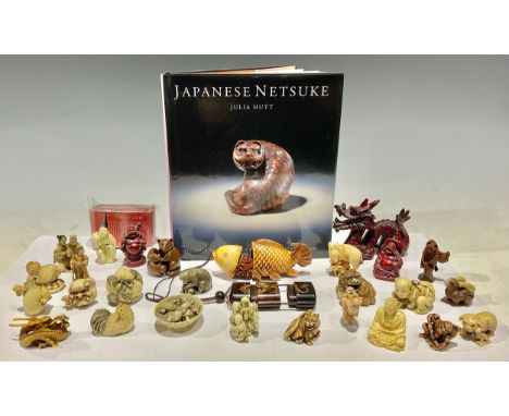 Oriental - a quantity of resin netsuke, The Netsuke Collection, including Rooster, Two Shojo, Bag of Grain with Rats, Tiger, 