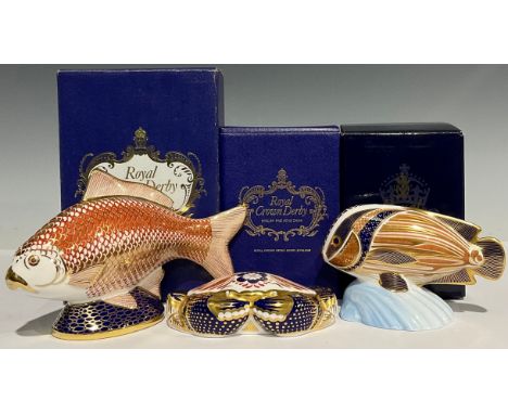 A Royal Crown Derby paperweight, Tropical Fish, gold stopper, boxed; others, Golden Carp, gold stopper, boxed; Crab, gold sto