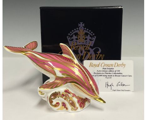 A Royal Crown Derby paperweight, Pink Dolphin, Fletcher Collectables exclusive, pre-release edition 70/150, gold stopper, cer