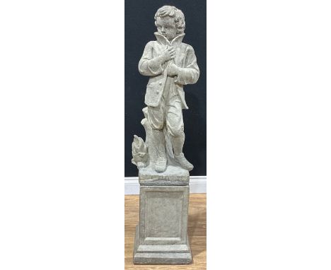 A reconstituted stone garden figure, allegorical of winter, square plinth, 114cm high overall
