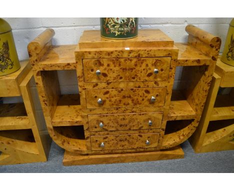 A STYLISH ART DECO BURR WOOD SIDE UNIT with four central drawers flanked by open shelves.