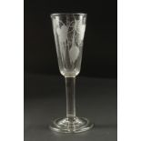 A GOOD GEORGIAN SMALL ALE GLASS with engraved bowl.
