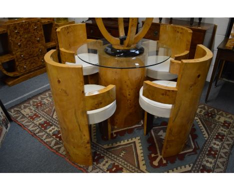 A GOOD ART DECO STYLE DINING SUITE COMPRISING A PEDESTAL GLASS TOP TABLE with a set of four burr wood armchairs
