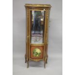 A GOOD LOUIS XVITH STYLE DEMI LUNE VITRINE with glass panel door and glass sides over a painted