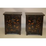 A PAIR OF CHINESE BLACK LACQUER AND CHINOSERIE DECORATED TWO-DOOR CABINETS, the pair of doors