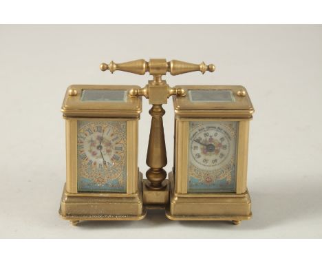 A DOUBLE SEVRES MINI CARRIAGE CLOCK with carrying handle. 10cms high.