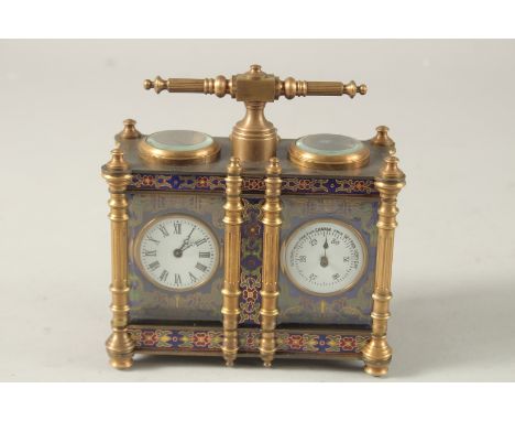 A DOUBLE CLOISONNE ENAMEL MINI CARRIAGE CLOCK with carrying handle. 13cms high.