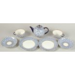 A RUSSIAN ST. PETERSBURG TEA SET, blue and gilt, comprising: tea pot and cover, two cups and saucers